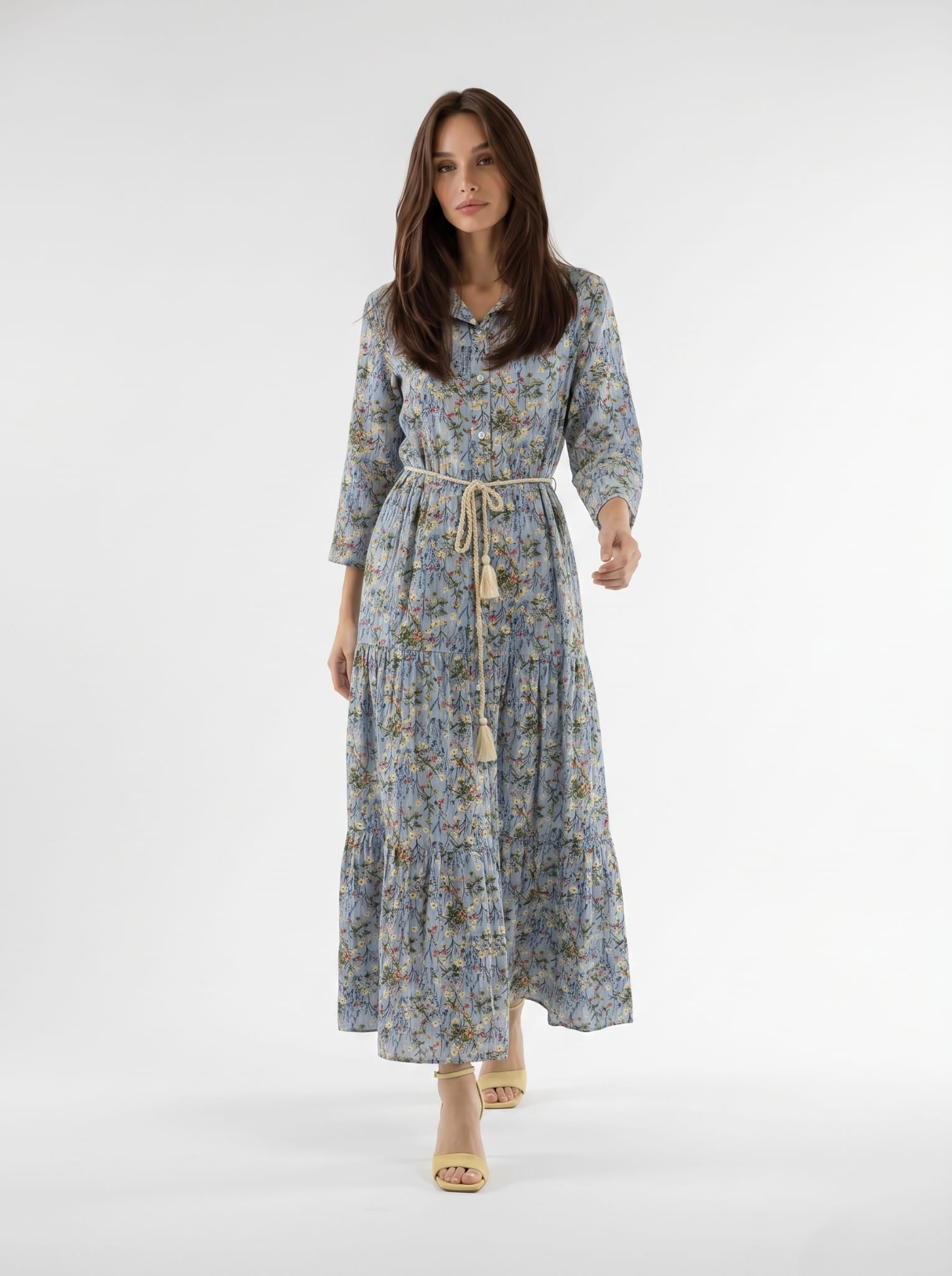 Abito Florelle chemisier in mussola - Azzurro Floreale donna
