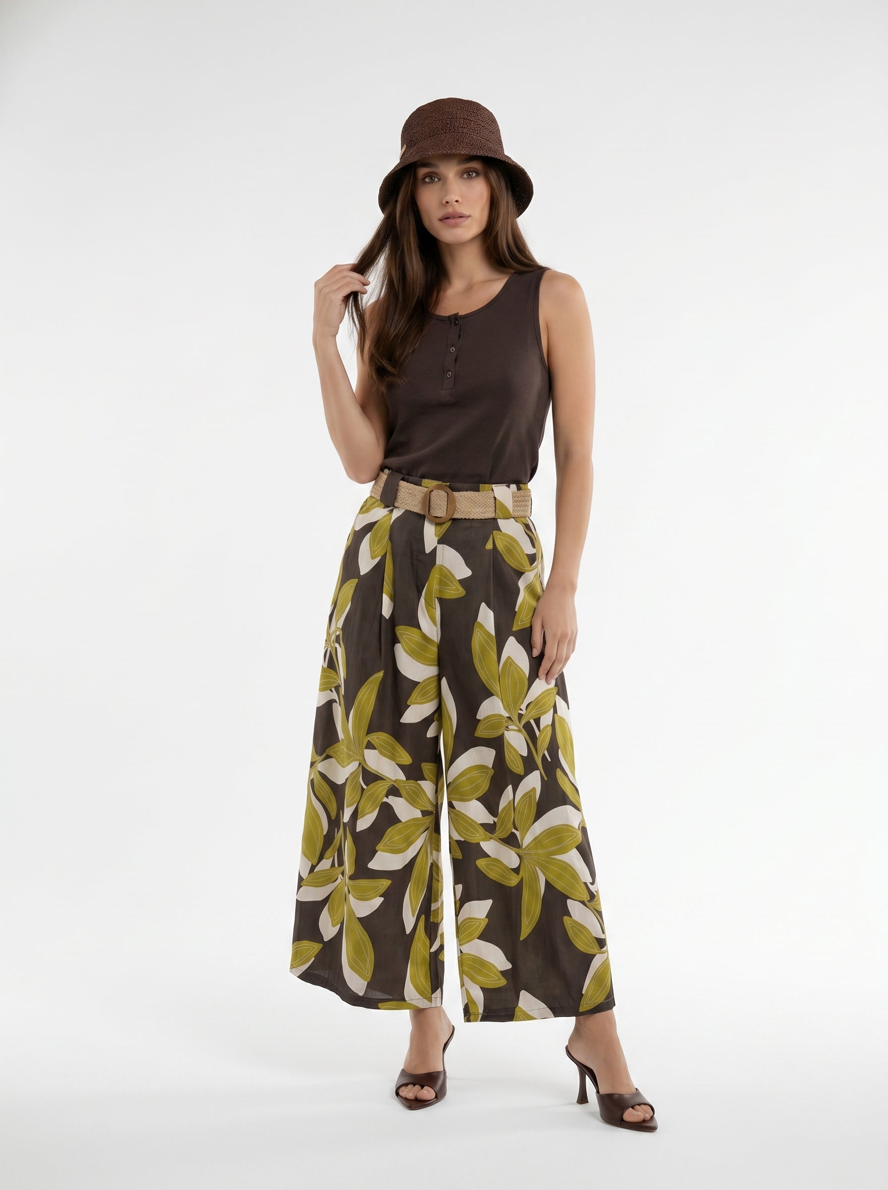 Pantalone Marbella - fantasia foliage moro e lime donna