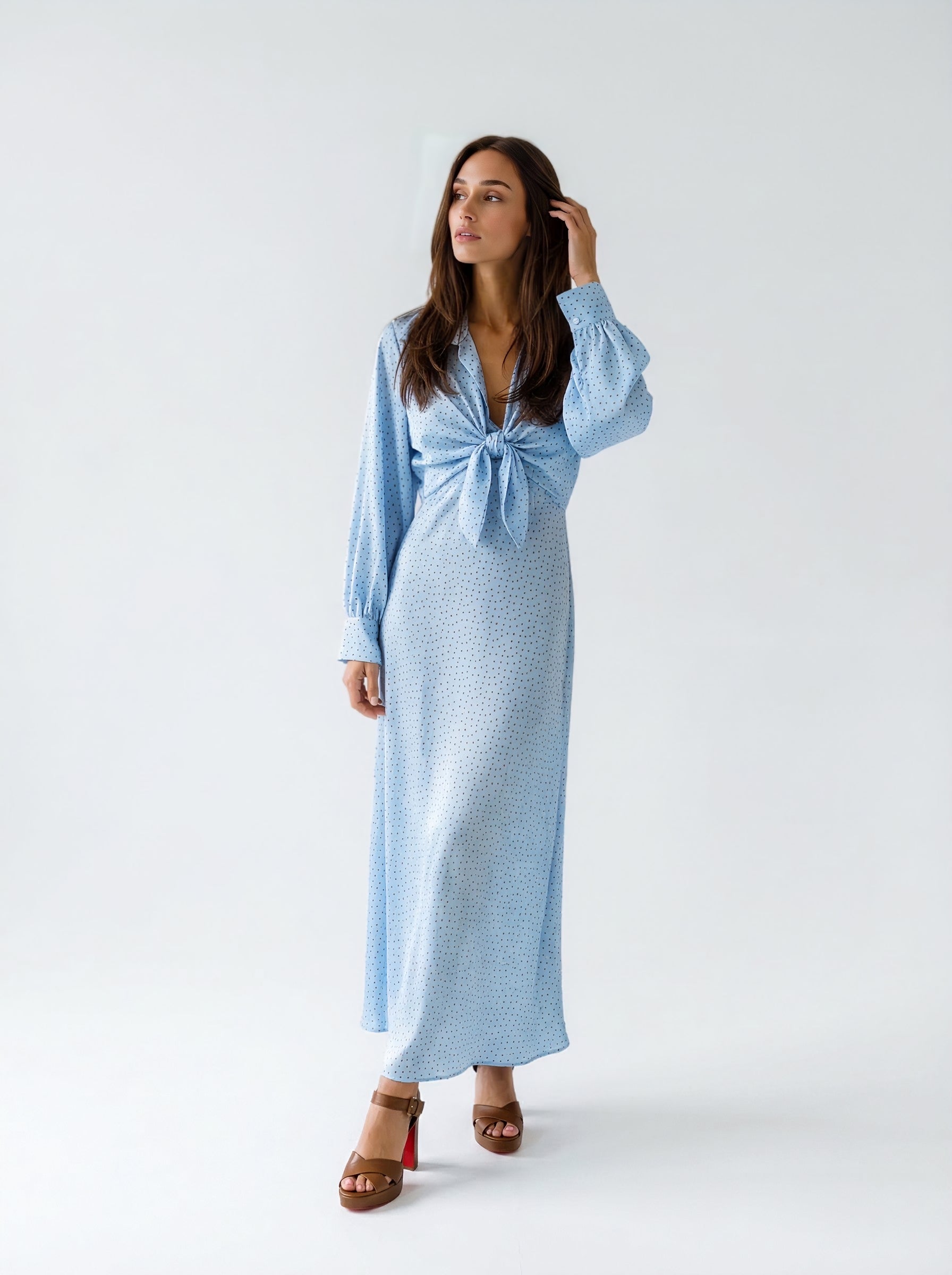Coordinato Liria abito lungo e camicia kimono pois - azzurro donna