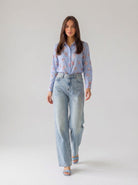 Camicia Liri - Azzurro fantasia fiori rosa donna