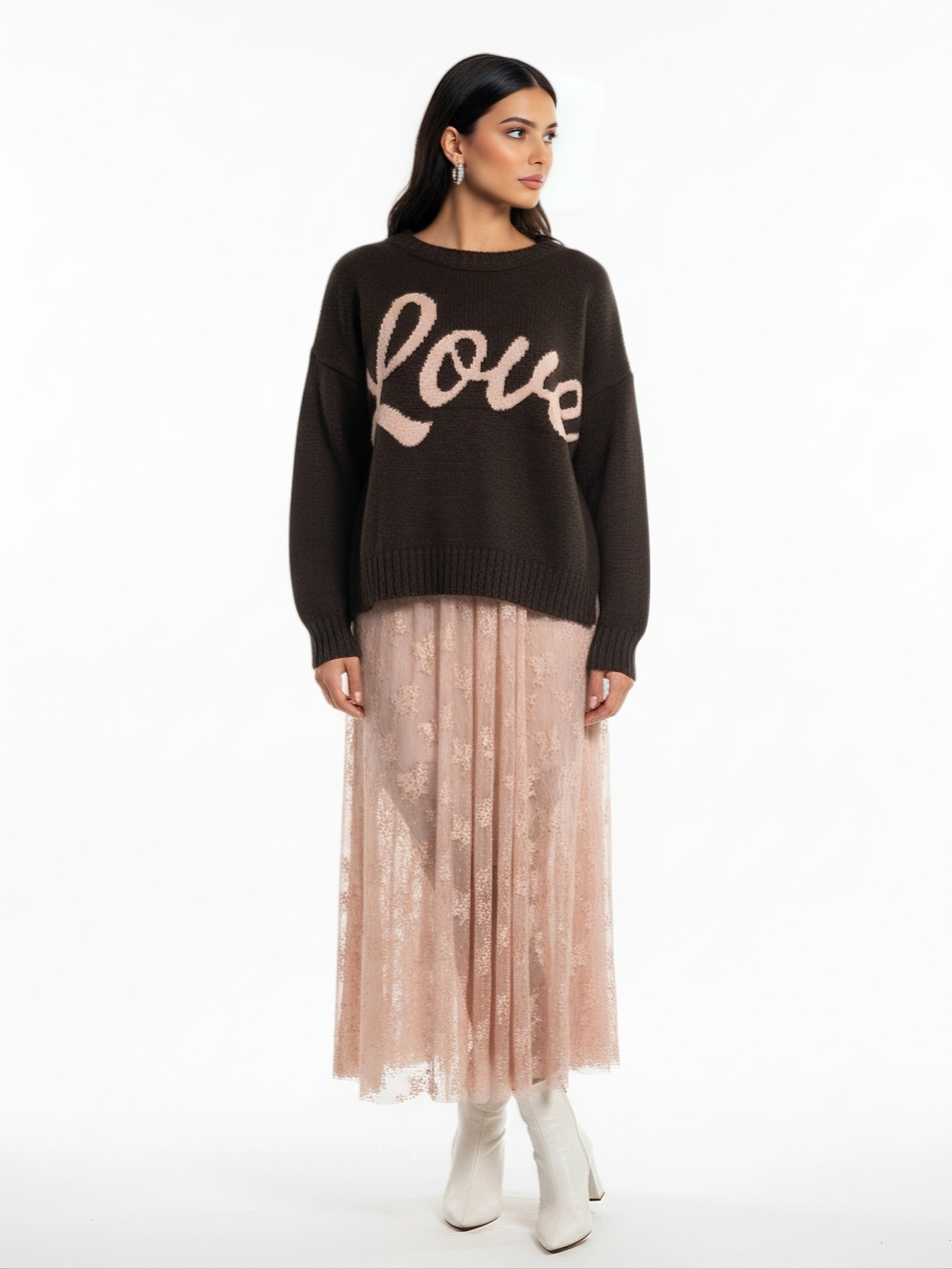 Love – Pull lana caldo con stampa Marrone donna