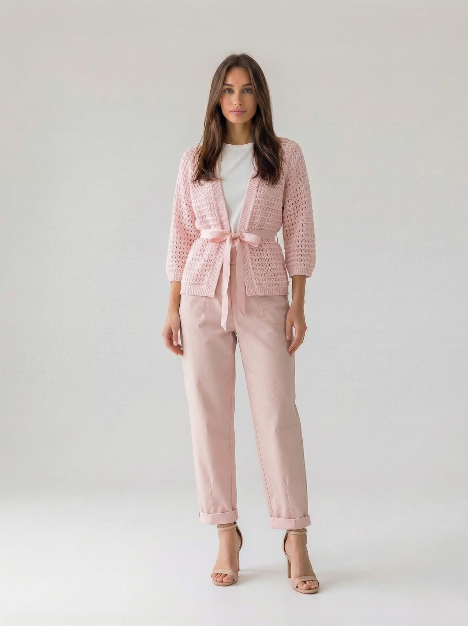 Cardigan Elara traforato con cintura- Rosa donna